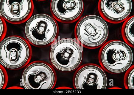 Aluminium red recycle cans. Team leader or Individual concept. One of many. To be special. Stock Photo