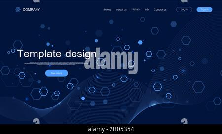 Website template design. Asbtract scientific background with colorful dynamic waves, hexagonal innovation pattern. Modern landing page for websites or Stock Vector