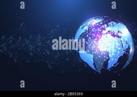 Global social network. Networking and data connection concept. Worldwide internet and technology. Dynamic waves connected by plexus light lines Stock Vector