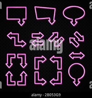 3d pink neon arrow sign set on transparent background. Square rectangle oval circle geometric shape illuminated frames with glowing direction arrow sy Stock Vector