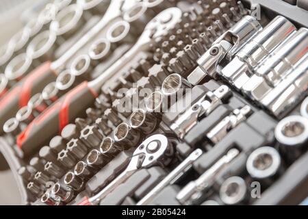 Car repair tools, wrench tool set on a blured background in a natural light Stock Photo