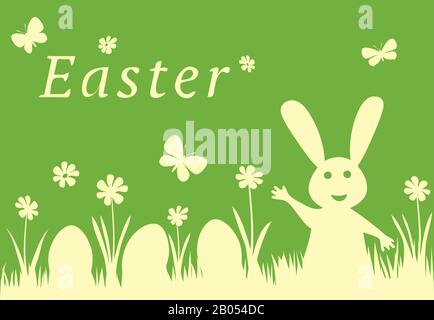 Easter Bunny Rabbit and Eggs on grass with flowers. Stock Vector