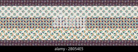 Mid Century Vector Patchwork Banner. Modern Vintage Pattern Border Quilt Stripes Background. Homespun Graphic Design. Seamless Edge Mosaic 1960s Style Stock Vector