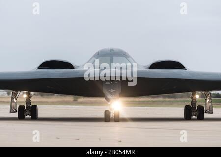 A U.S. Air Force B-2 Spirit stealth strategic bomber with the 509th Bomb Wing taxis on the flight line at Whiteman Air Force Base October 24, 2019 in St Louis, Missouri. Stock Photo