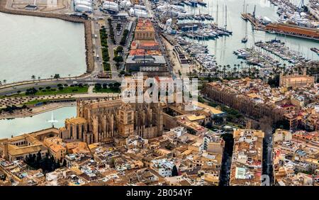 Aerial view, city view and port, Santa Iglesia Catedral de Mallorca, Cathedral of Palma, Palau Reial de L'Almudaina, Royal Palace, Canamunt, Palma, Ma Stock Photo