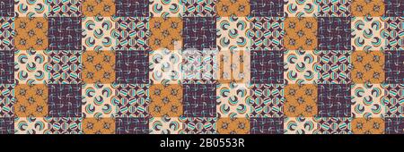 Mid Century Vector Patchwork Banner. Modern Vintage Pattern Border Quilt Background. Homespun Graphic Design. Seamless Edge Mosaic 1960s Style Stock Vector