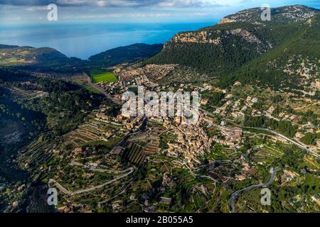 Aerial view, mountains and townscape, hilly landscape, Valldemossa, Mallorca, Balearic Islands, Spain, Europe, mountains, hills and valleys, Església Stock Photo