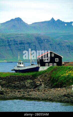 ICELAND, EAST COAST, DJUPAVOGUR FISHING VILLAGE, FISHING BOAT AND HOUSE Stock Photo