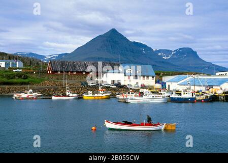 ICELAND, EAST COAST, DJUPAVOGUR FISHING VILLAGE, VIEW OF DOCK AND FISH FACTORY Stock Photo