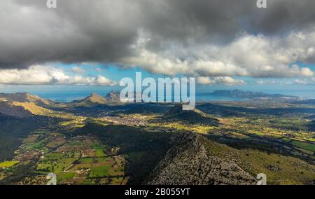 Aerial view, hill with Santuari de la Mare de Déu del Puig, foothills of the Tramontan mountain range, landscape around Pollença, view to the bay of P Stock Photo