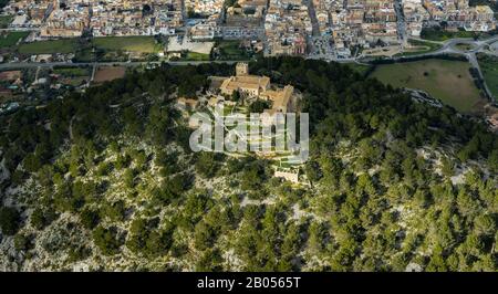 Aerial view, hill with Santuari de la Mare de Déu del Puig, landscape around Pollença, Pollença, Mallorca, Balearic Islands, Spain, Europe, viewing pl Stock Photo