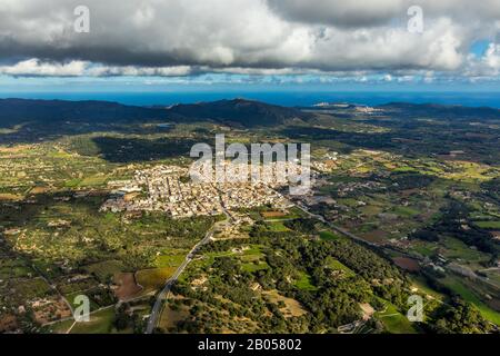 Aerial photo, view of Artà, Artà massif, wooded town centre, old town, coastal region, Artà, Balearic Islands, Spain, Europe, Mallorca, Balearic Islan Stock Photo