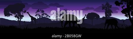 Wild african animals silhouettes in beautiful blue sunrise in savanna landscape, vector illustration Stock Vector