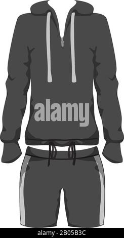 Sport Outfit Suit Template, Running Gym Sportwear, Tracksuit Fitness hoody and shorts. Short Unisex sport Clothing Set for training, run. Vector isolated design on white background. Stock Vector