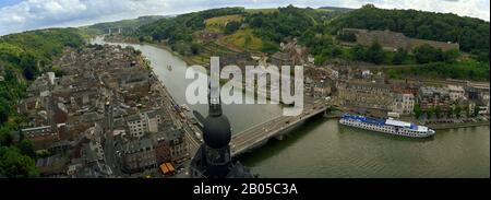 City and a bridge across the river viewed from the Dinant Citadel, Meuse River, Dinant, Namur Province, Wallonia, Belgium
