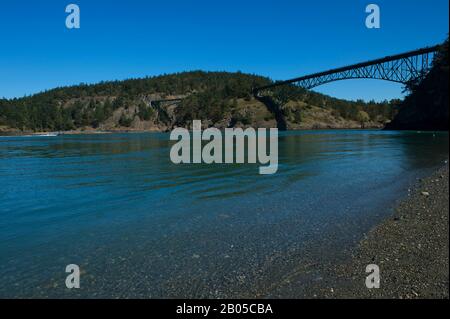 View of Deception Pass Bridge from North Beach of Deception Pass State Park on Whidbey Island, Washington State, United States Stock Photo