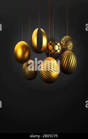 Luxury easter Eggs with different patterns in gold hanging on threads in front of a dark textured background. Stock Photo