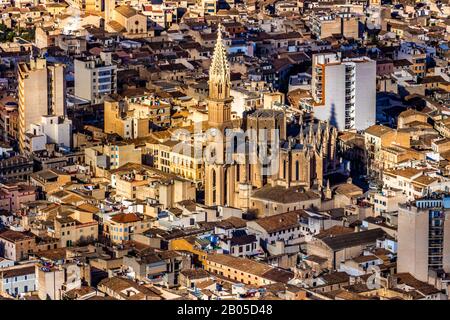 old city of Manacor with church De Cristo Rey and Torre del Palau, 09.01.2020, aerial view, Spain, Balearic Islands, Majorca, Manacor Stock Photo