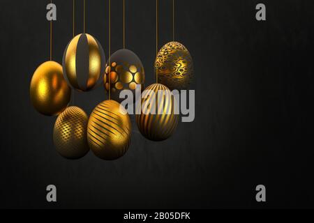 Luxury easter Eggs with different patterns in gold hanging on threads in front of a dark textured background. Stock Photo