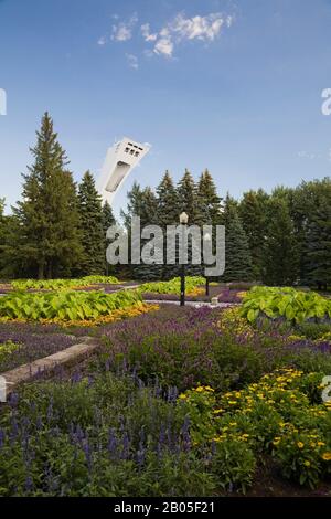 Raised stone borders with purple Angelonia angustifolia 'Serena Purple' - Summer Snapdragon, yellow Rudbeckia hirta 'Tiger Eye Gold - Black-eyed Susan Stock Photo