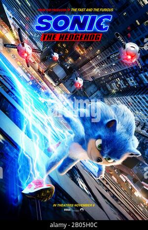 Sonic the Hedgehog (2019) directed by Jeff Fowler and starring Jim Carrey, James Marsden and Neal McDonough. Big screen outing for Sega Games beloved character. Stock Photo