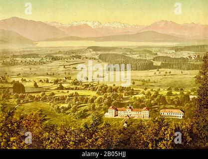 Alisbrunn with chapel and Lake Zug, Lucerne Switzerland. Between 1890 & 1910. Stock Photo