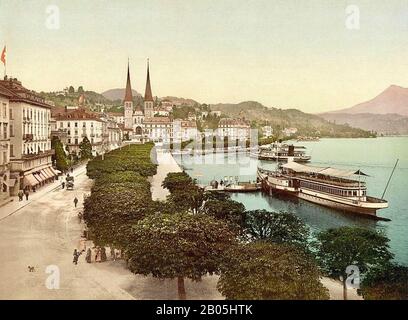 Promenade and Cathedral, Lucerne, Switzerland. Between 1890 & 1910. Stock Photo