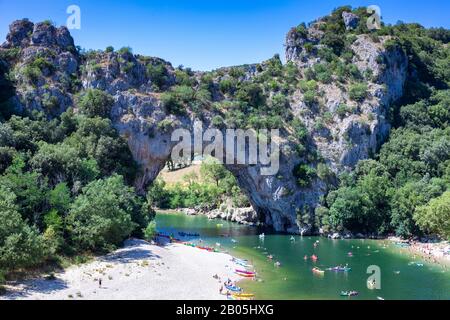 Aerial view of Narural arch in Vallon Pont D'arc in Ardeche canyon in France Stock Photo
