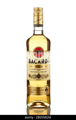 IRVINE, CALIFORNIA - DEC 28, 2018: A 750ml bottle of Bacardi Gold Rum. Stock Photo