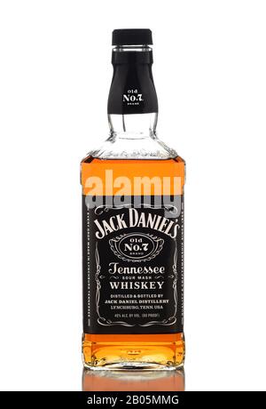 IRVINE, CALIFORNIA - DEC 28, 2018: A bottle of Jack Daniels Tennessee Whiskey, from Lynchburg, Tennessee, is the top selling American Whiskey in the w Stock Photo
