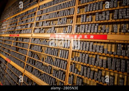 Moveable type Chinese characters organized on shelves , Shanghai, China Stock Photo