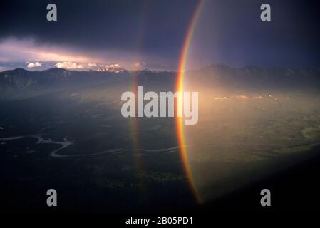 CANADA,ALBERTA,ROCKY MOUNTAINS, JASPER NATIONAL PARK, WHISTLER MT.,RAINBOW OVER ATHABASCA RIVER VALLEY