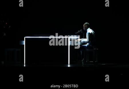 Dave performing on stage at the Brit Awards 2020 at the O2 Arena ...