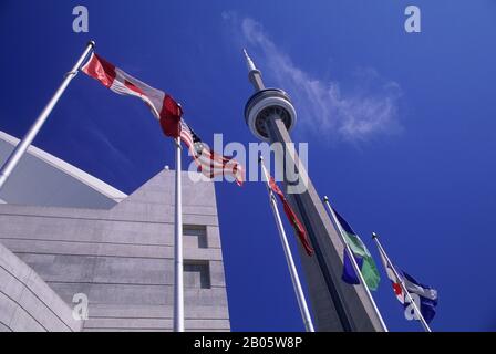 CANADA, ONTARIO, TORONTO, FLAGS AT CN TOWER AND SKY DOME Stock Photo