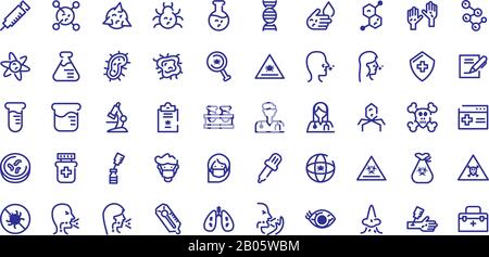 virus, chemistry and health icons set over white background, thick line style, vector illustration Stock Vector