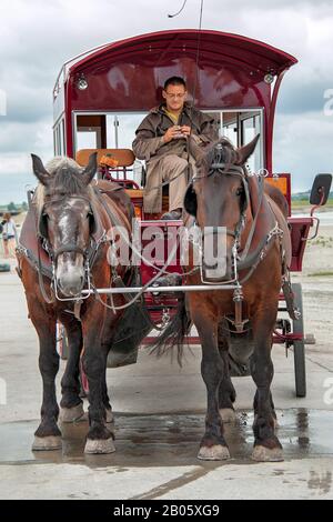 Mont Saint-Michel, France - July 17, 2019: Portrait of a driver on his horse-drawn carriage resting and relaxing before his next tourist group arrive. Stock Photo