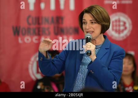 Las Vegas, NV, USA. 18th Feb, 2020. Amy Klobuchar at the Culinary Union intimate event with guest room attendants, and Senators Amy Klobuchar and Elizabeth Warren discussing working womenÕs fight for One Job Should Be Enough at the Culinary UnionÕs Big Hall in Las Vegas, Nevada on February 18, 2020. Credit: Damairs Carter/Media Punch/Alamy Live News Stock Photo