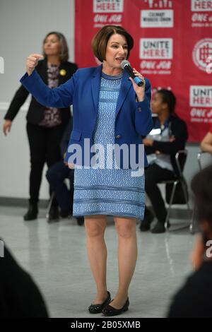 Las Vegas, NV, USA. 18th Feb, 2020. Amy Klobuchar at the Culinary Union intimate event with guest room attendants, and Senators Amy Klobuchar and Elizabeth Warren discussing working womenÕs fight for One Job Should Be Enough at the Culinary UnionÕs Big Hall in Las Vegas, Nevada on February 18, 2020. Credit: Damairs Carter/Media Punch/Alamy Live News Stock Photo