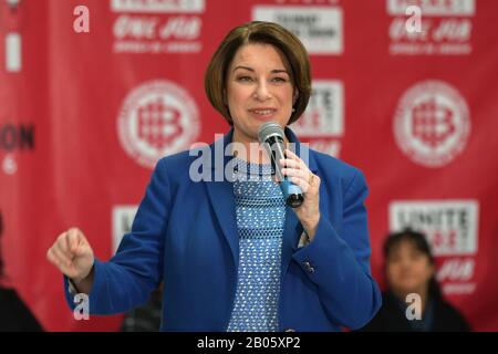 Las Vegas, NV, USA. 18th Feb, 2020. Amy Klobuchar at the Culinary Union intimate event with guest room attendants, and Senators Amy Klobuchar and Elizabeth Warren discussing working womenÕs fight for One Job Should Be Enough at the Culinary UnionÕs Big Hall in Las Vegas, Nevada on February 18, 2020. Credit: Damairs Carter/Media Punch/Alamy Live News Stock Photo