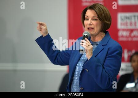 Las Vegas, NV, USA. 18th Feb, 2020. Amy Klobuchar at the Culinary Union intimate event with guest room attendants, and Senators Amy Klobuchar and Elizabeth Warren discussing working womenÕs fight for One Job Should Be Enough at the Culinary UnionÕs Big Hall in Las Vegas, Nevada on February 18, 2020. Credit: Damairs Carter/Media Punch/Alamy Live News Stock Photo