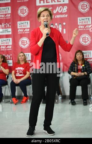 Las Vegas, NV, USA. 18th Feb, 2020. Elizabeth Warren at the Culinary Union intimate event with guest room attendants, and Senators Amy Klobuchar and Elizabeth Warren discussing working womenÕs fight for One Job Should Be Enough at the Culinary UnionÕs Big Hall in Las Vegas, Nevada on February 18, 2020. Credit: Damairs Carter/Media Punch/Alamy Live News Stock Photo