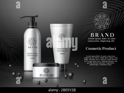 Cosmetics mock up vector banner template. Cosmetic product skin care bottle of body and face moisturizing cream in elegant packaging with black cap. Stock Vector