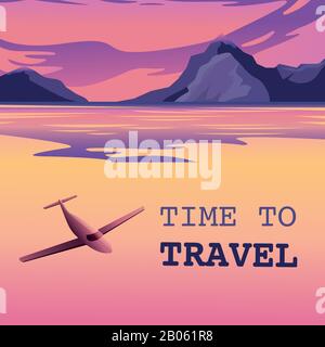 Flight to a tropical island. Poster, vector illustration Unbelievable mountain landscape. Exciting view. A great mountain is surrounded river Stock Vector