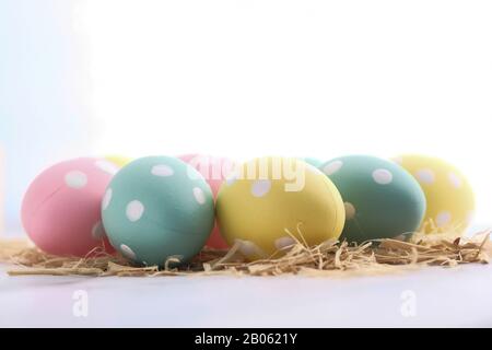 Close up of colorful easter eggs on white background  Stock Photo