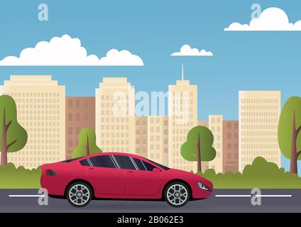 Flat vector cartoon style illustration of landscape street with electric car, green trees in background. Sustainable traffic on the road. Modern Stock Vector