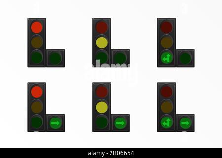 Set of traffic lights. Red, yellow and green. Arrow straight, turn right and left. Vector illustration. Road equipment. Stock Vector