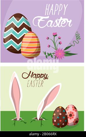 happy easter card with eggs painted and rabbits ears Stock Vector