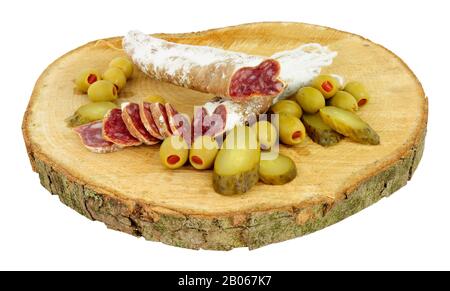 Traditional Spanish Fuet Catalan dry cured salami sausage Stock Photo