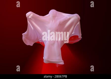 Flying White Ghost boy figure covered with a blanket sheet on Black Background. Halloween 3d illustration Stock Photo