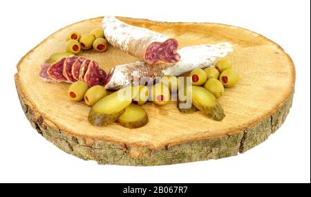 Traditional Spanish Fuet Catalan dry cured salami sausage Stock Photo